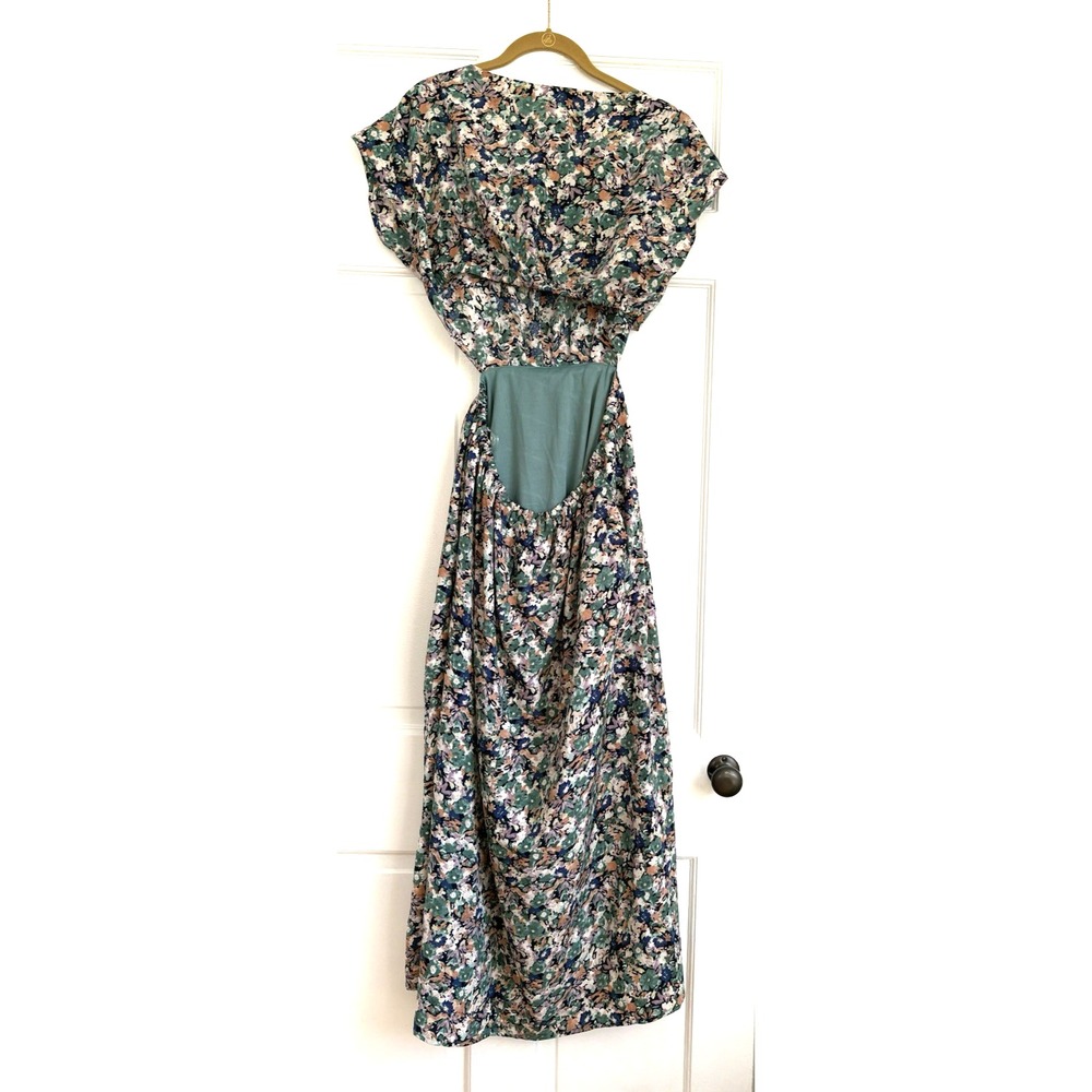 Entro Floral Open Back Maxi Dress Green Purple V-Neck‎ D15874 Mens L